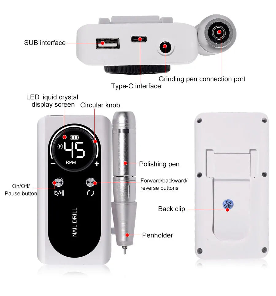 Professional 45000RPM Electric Portable Nail Drill Machine Rechargeable Low Noise