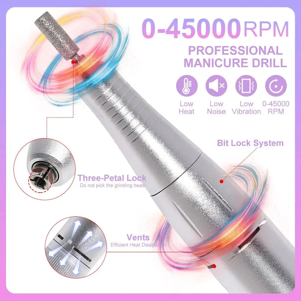 Professional 45000RPM Electric Portable Nail Drill Machine Rechargeable Low Noise