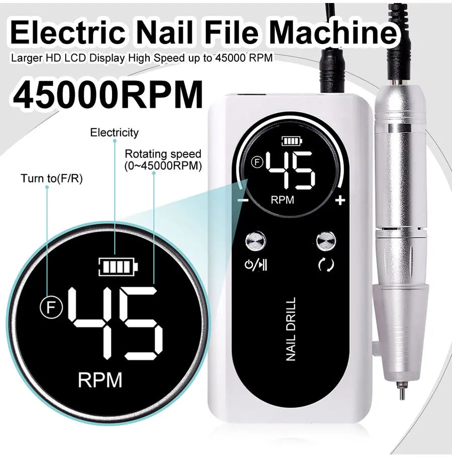 Professional 45000RPM Electric Portable Nail Drill Machine Rechargeable Low Noise